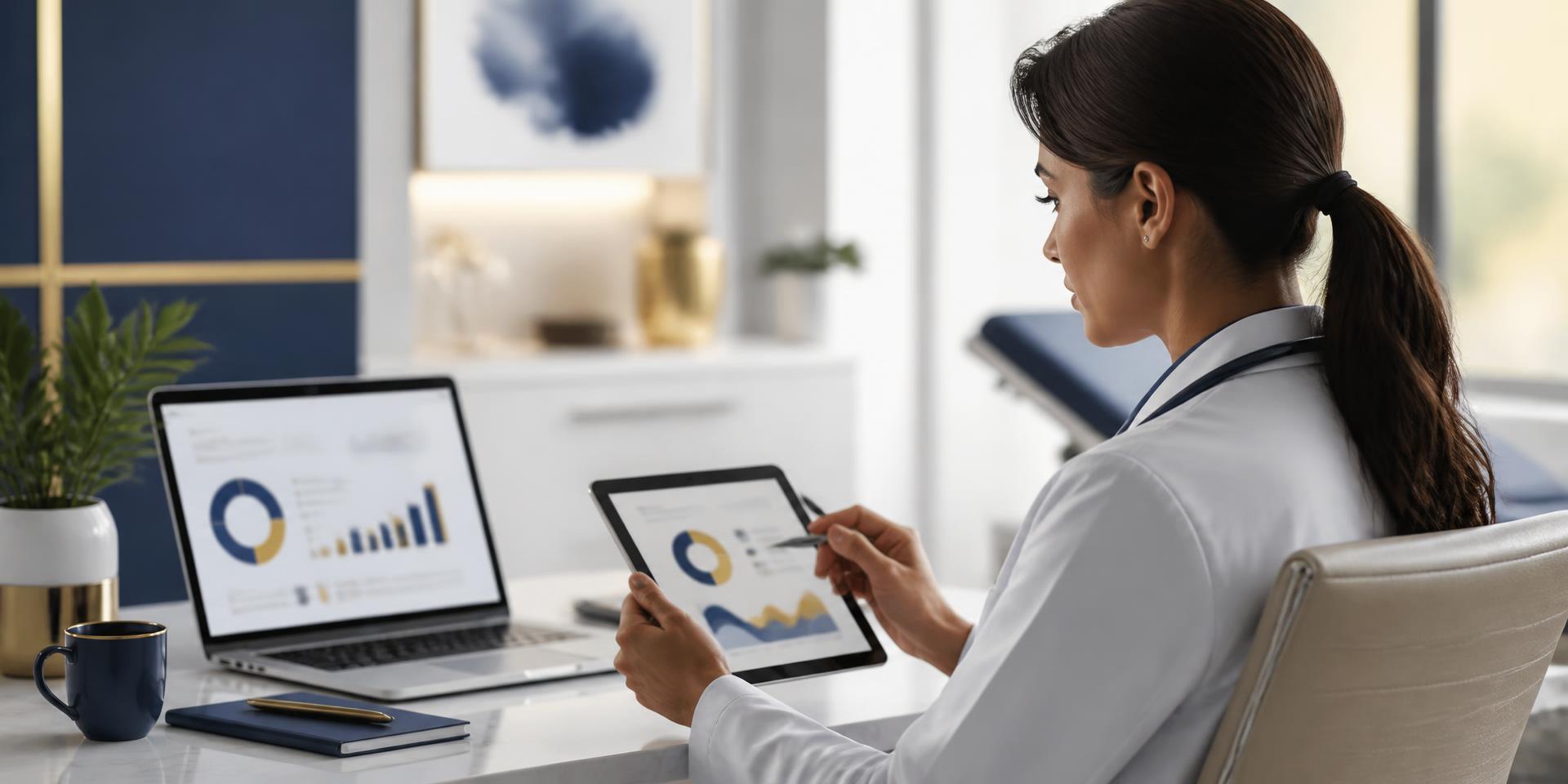 Profissional em clínica acompanhando indicadores financeiros em notebook e tablet
