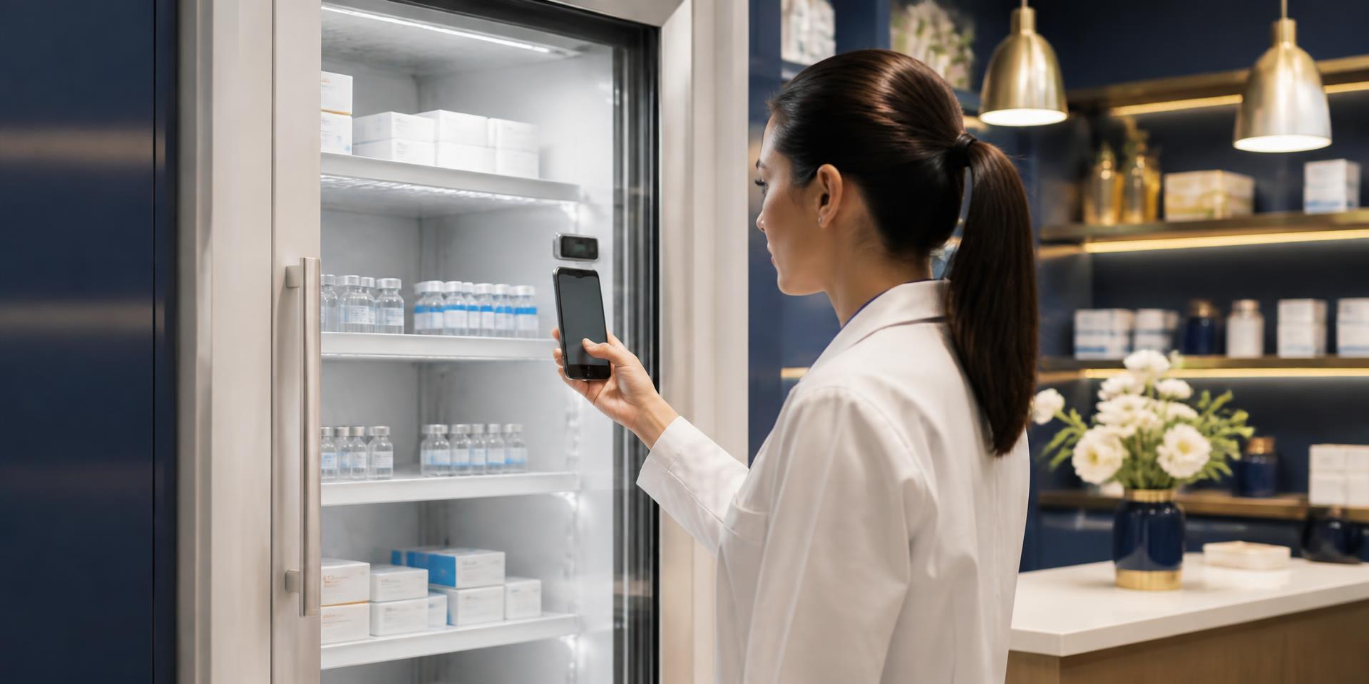Profissional de saúde registrando a temperatura de uma geladeira de medicamentos pelo celular